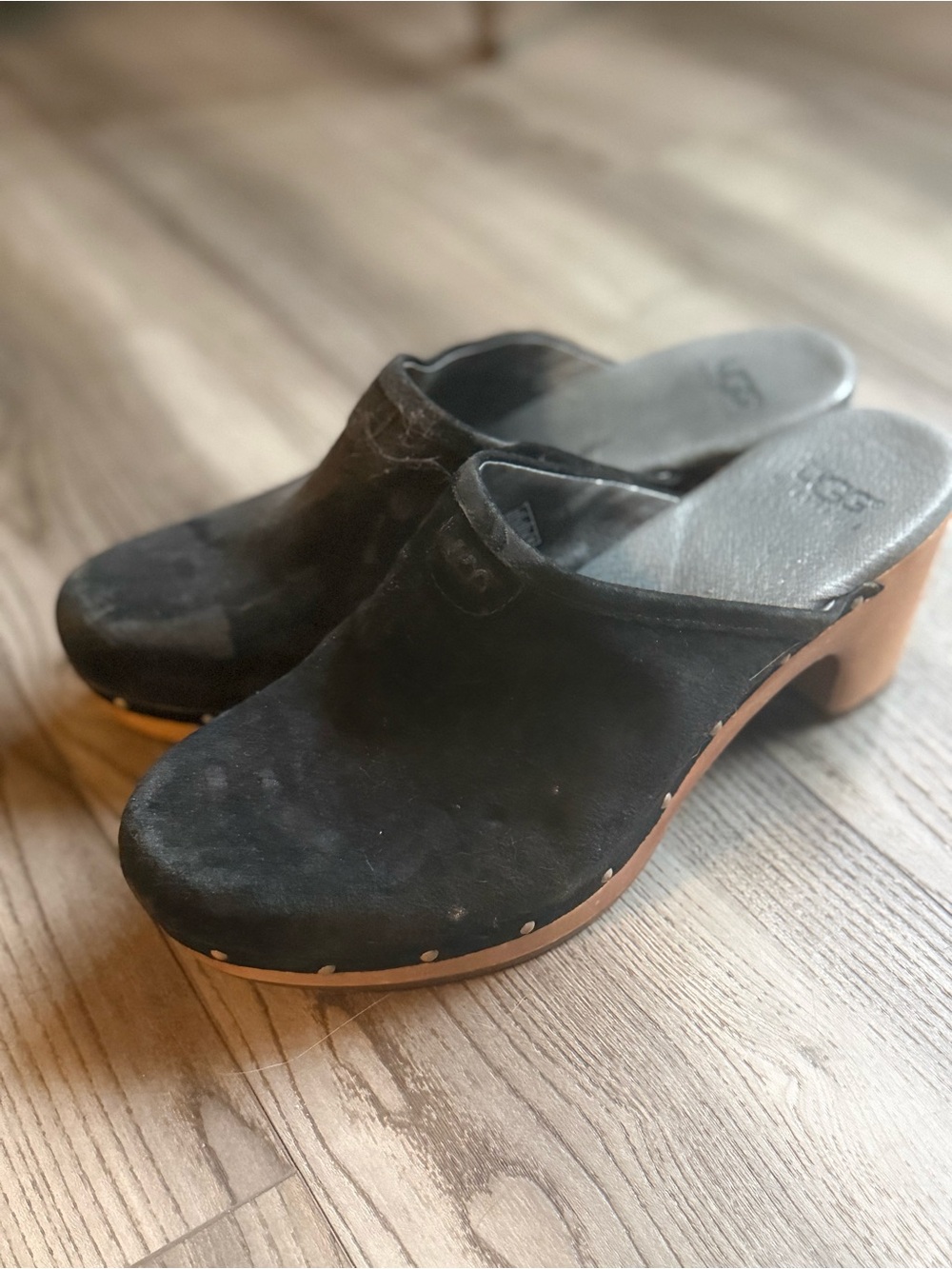 UGG Black Suede Wooden-Platform Clogs